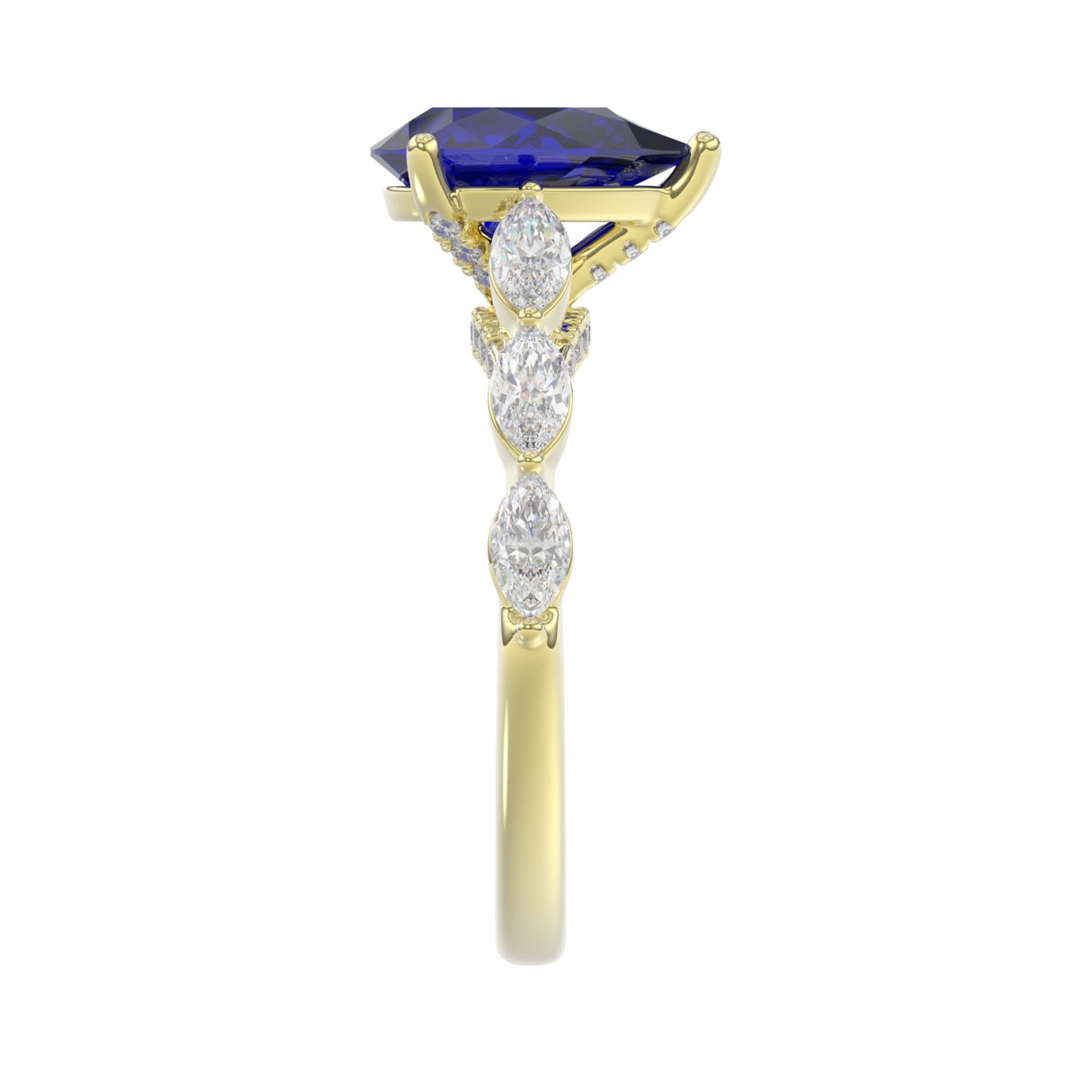 14K YELLOW GOLD 3.00CT ROUND/MARQUISE/BLUE SAPPHIRE PEAR DIAMOND LADIES RING (CENTER STONE BLUE SAPPHIRE PEAR DIAMOND 2 1/4CT)