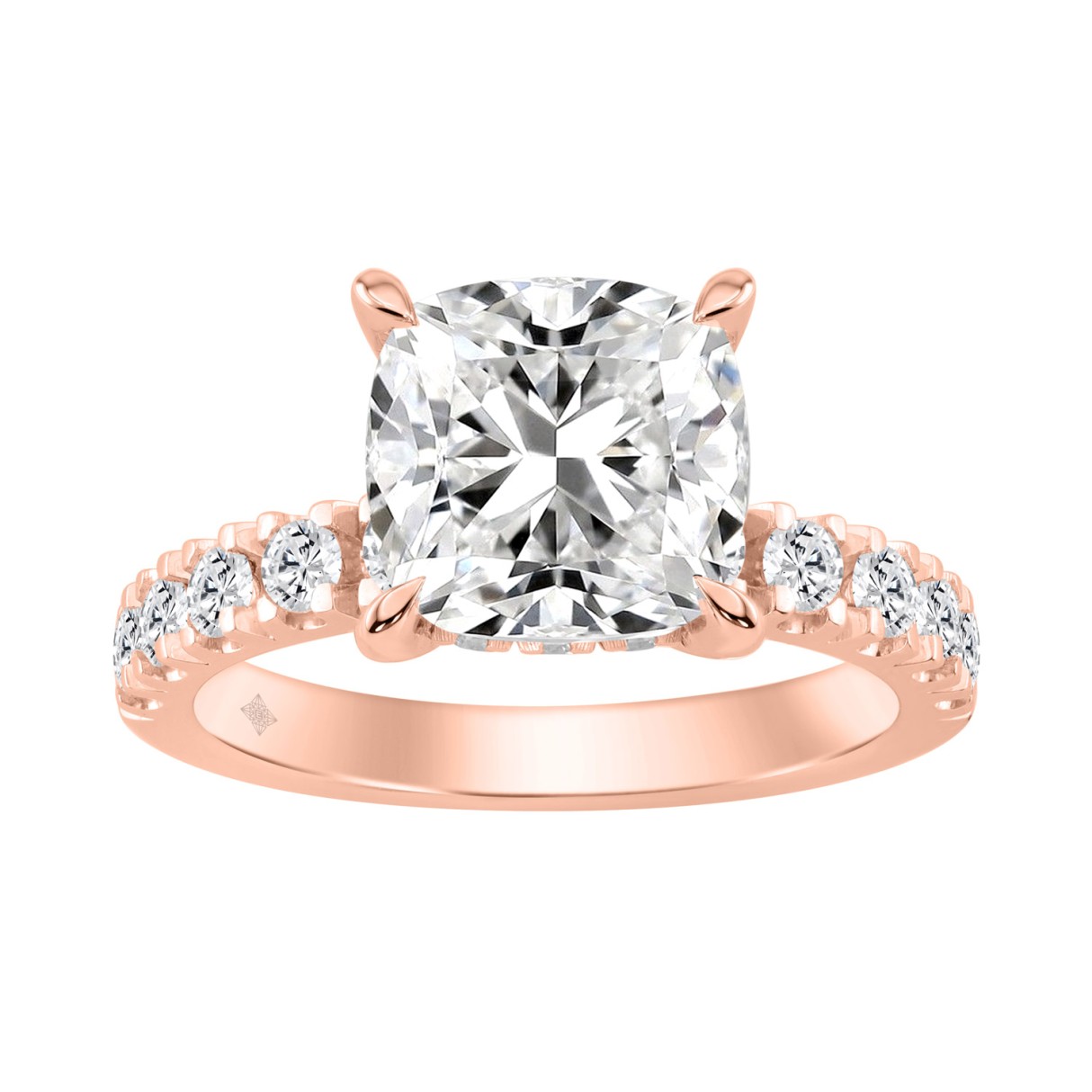 14K ROSE GOLD 4 3/4CT ROUND/CUSHION DIAMOND LADIES RING (CENTER STONE CUSHION DIAMOND 4CT)