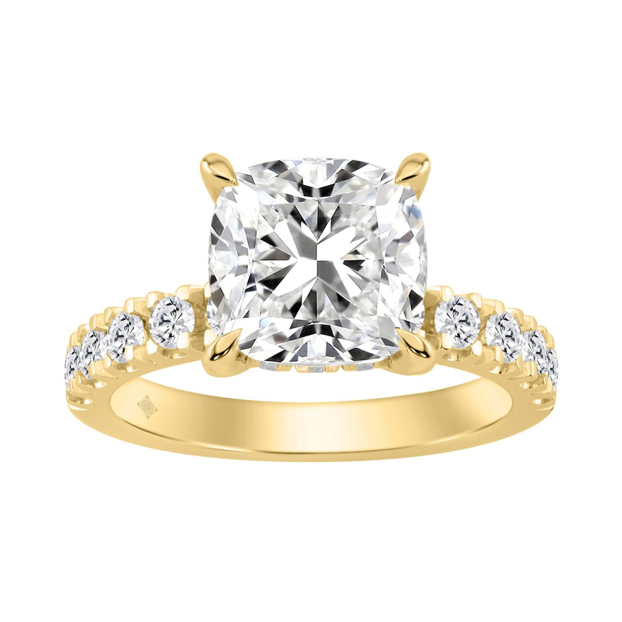 14K YELLOW GOLD 4 3/4CT ROUND/CUSHION DIAMOND LADIES RING (CENTER STONE CUSHION DIAMOND 4CT)