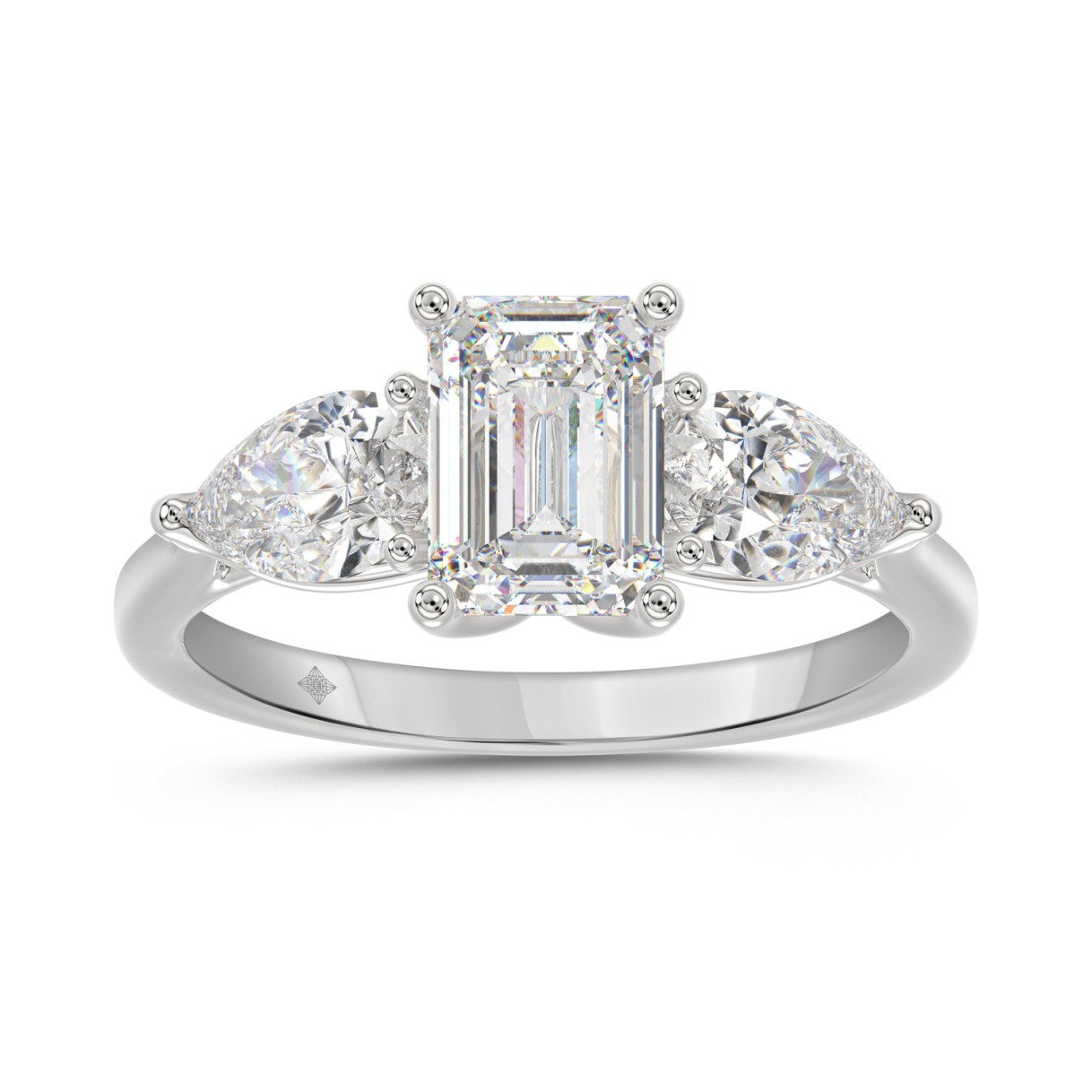 14K WHITE GOLD 2 5/8CT EMERALD/PEAR DIAMOND LADIES RING (CENTER STONE EMERALD DIAMOND 1 1/2CT)