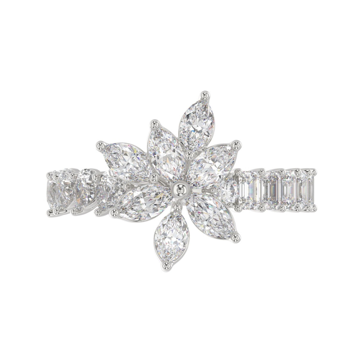 10K WHITE GOLD 1 3/4CT ROUND/MARQUISE/EMERALD/PEAR DIAMOND LADIES RING