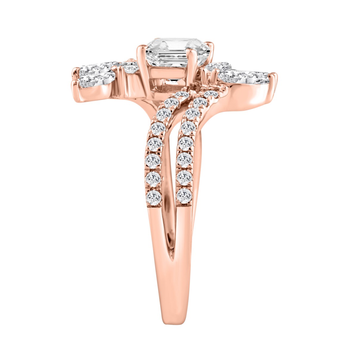 14K ROSE GOLD 1 1/2CT ROUND/MARQUISE/CUSHION DIAMOND LADIES RING (CENTER STONE CUSHION DIAMOND 1/2CT)