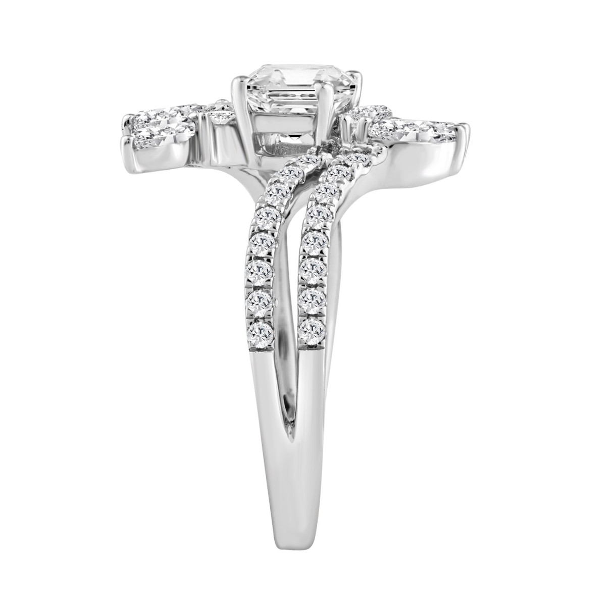 14K WHITE GOLD 1 1/2CT ROUND/MARQUISE/CUSHION DIAMOND LADIES RING (CENTER STONE CUSHION DIAMOND 1/2CT)