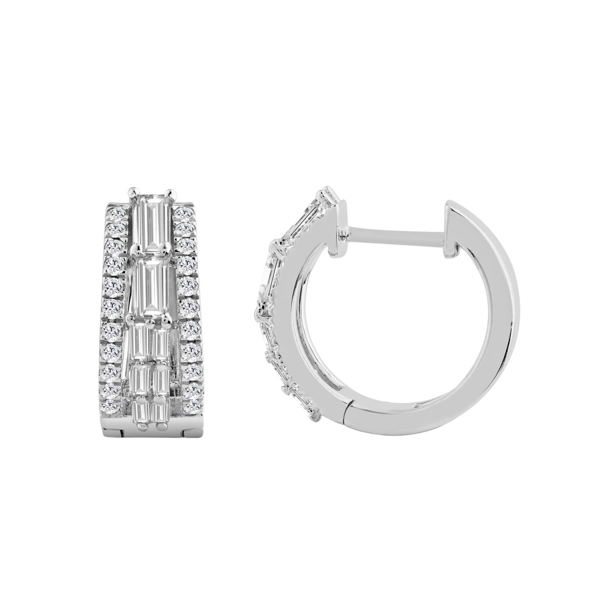 Classic 10K White Gold  Round & Baguette Lab Grown Diamond ladies Hoop Earrings 3/4CT (Color F-G -Clarity VS1/VS2)