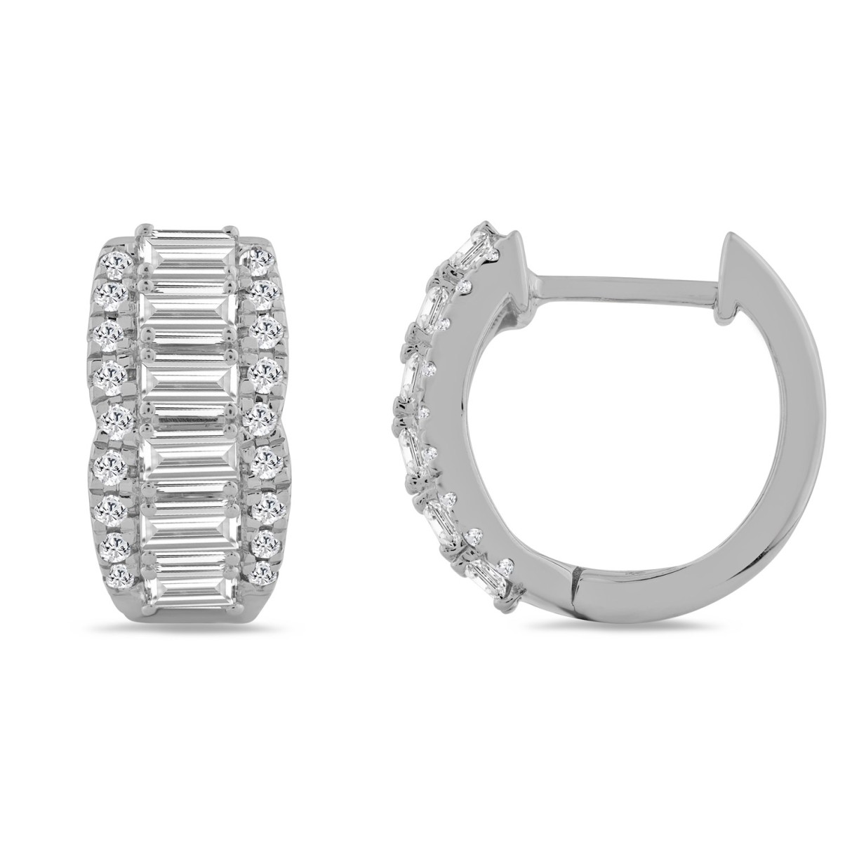 14K WHITE GOLD 1 3/4CT ROUND/EMERALD DIAMOND HOOP EARRINGS