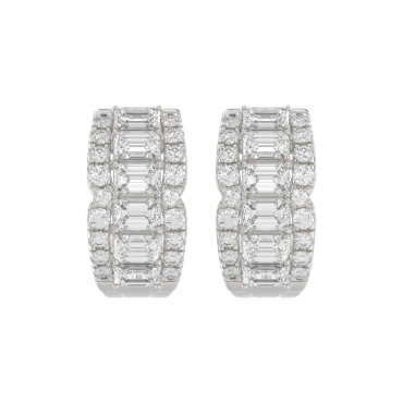 14K WHITE GOLD 1 3/4CT ROUND/EMERALD DIAMOND HOOP EARRINGS