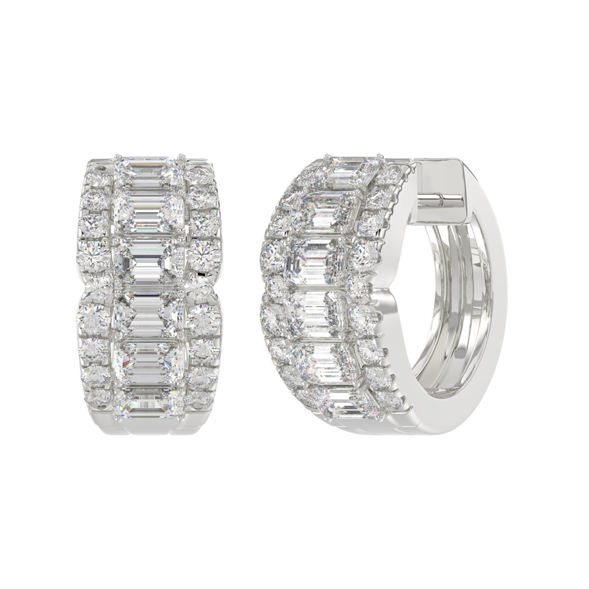 14K WHITE GOLD 1 3/4CT ROUND/EMERALD DIAMOND HOOP EARRINGS