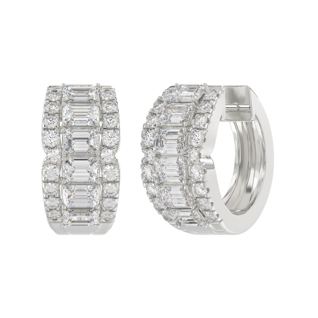14K WHITE GOLD 1 3/4CT ROUND/EMERALD DIAMOND HOOP EARRINGS