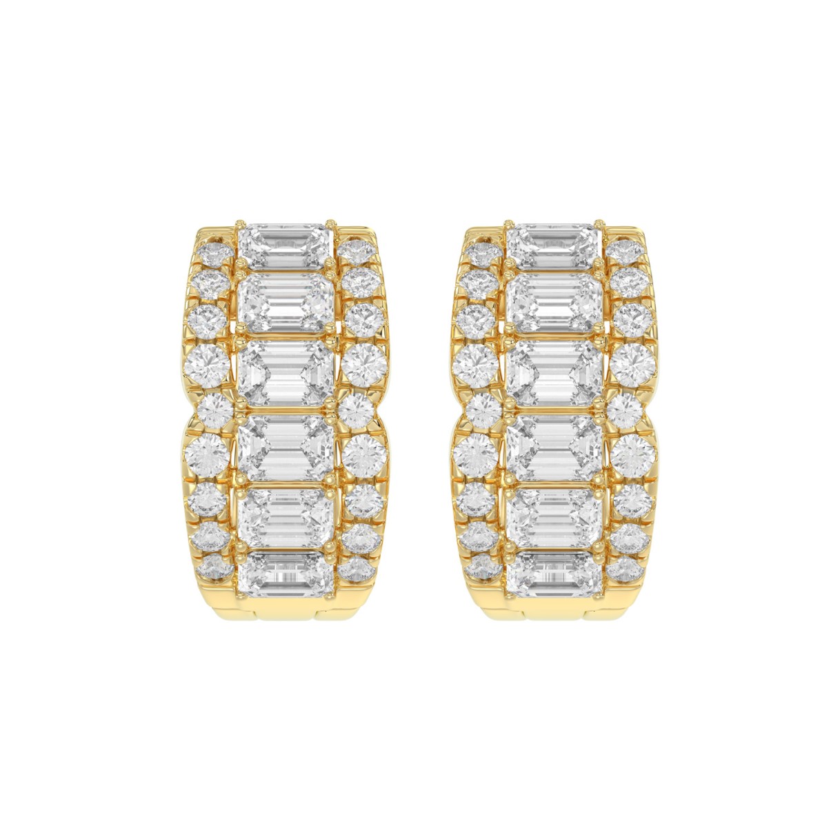 14K YELLOW GOLD 1 3/4CT ROUND/EMERALD DIAMOND HOOP EARRINGS