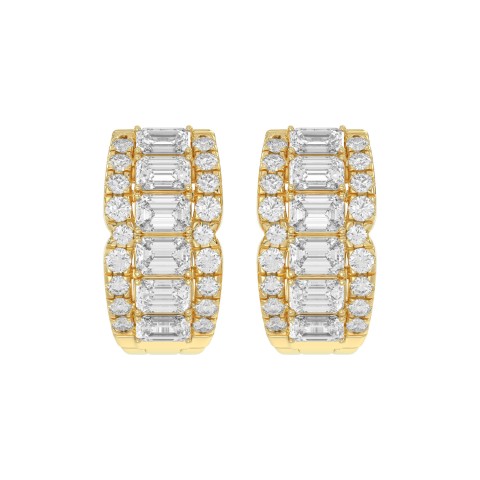 14K YELLOW GOLD 1 3/4CT ROUND/EMERALD DIAMOND HOOP EARRINGS