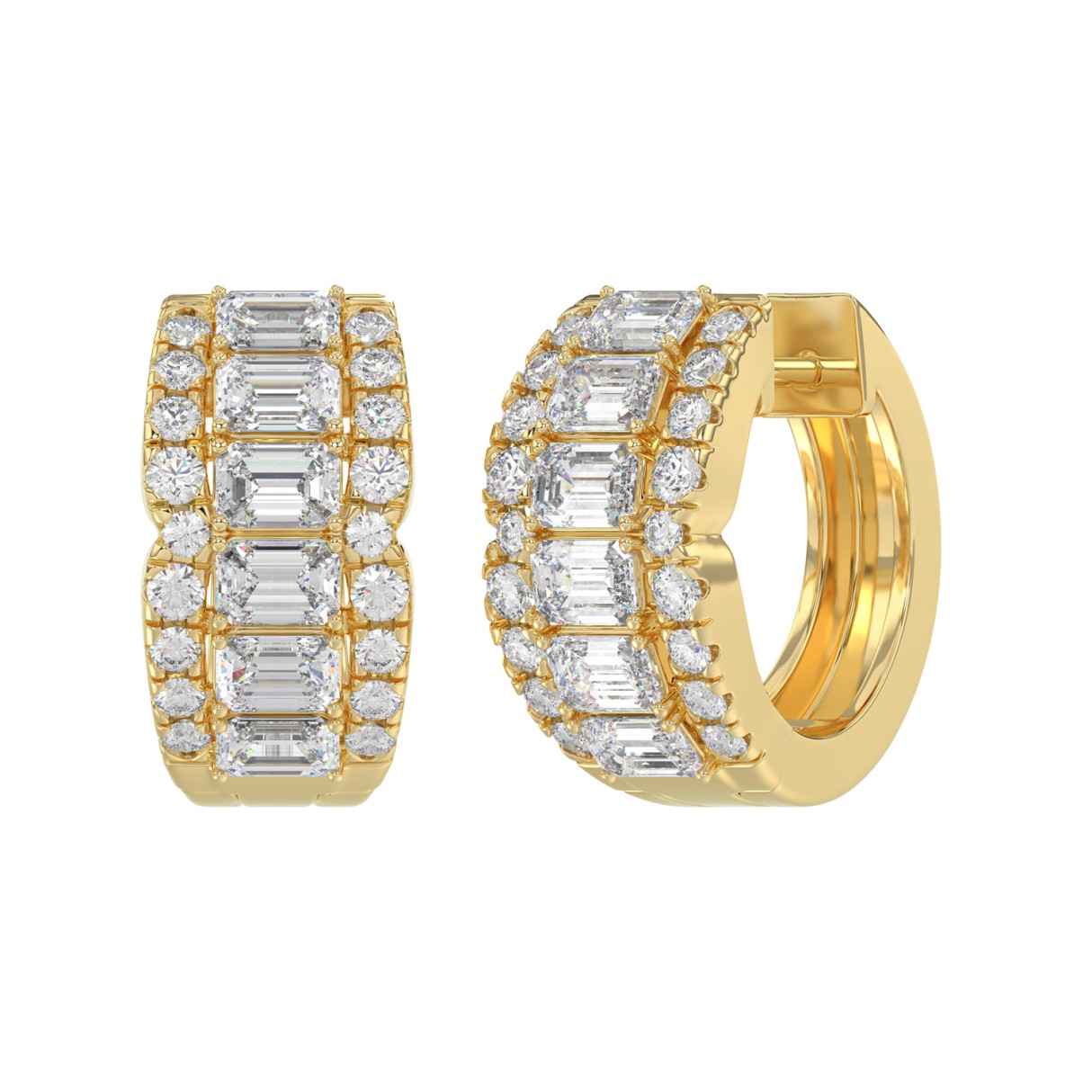 14K YELLOW GOLD 1 3/4CT ROUND/EMERALD DIAMOND HOOP EARRINGS