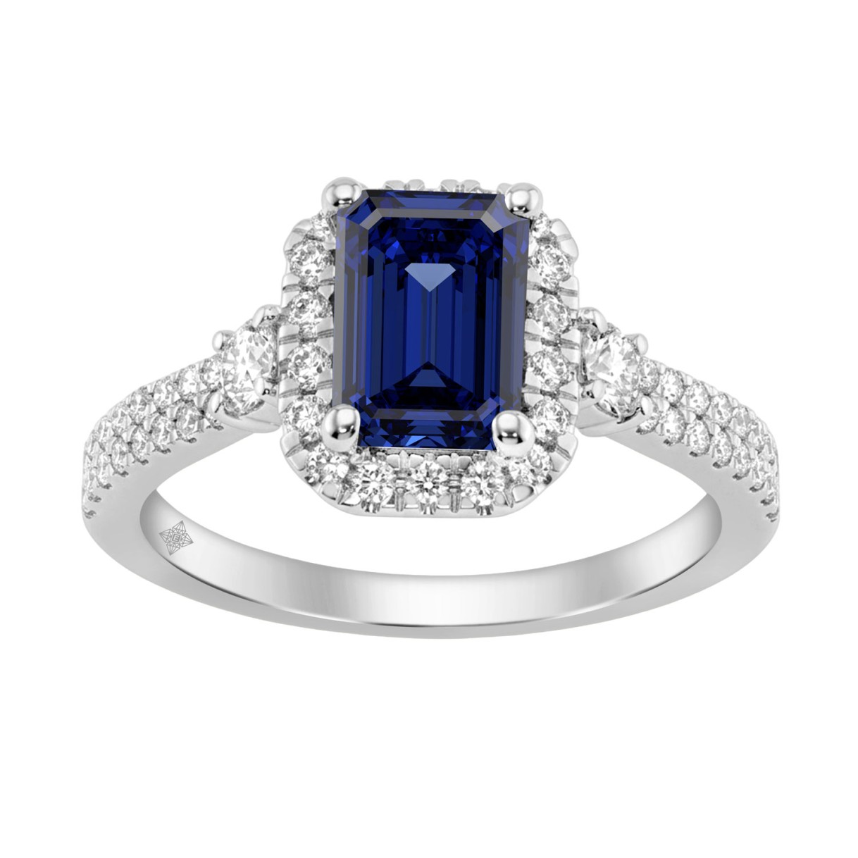 14K WHITE GOLD 2 1/2CT ROUND/BLUE SAPPHIRE EMERALD DIAMOND LADIES RING (CENTER STONE BLUE SAPPHIRE EMERALD DIAMOND 2CT)