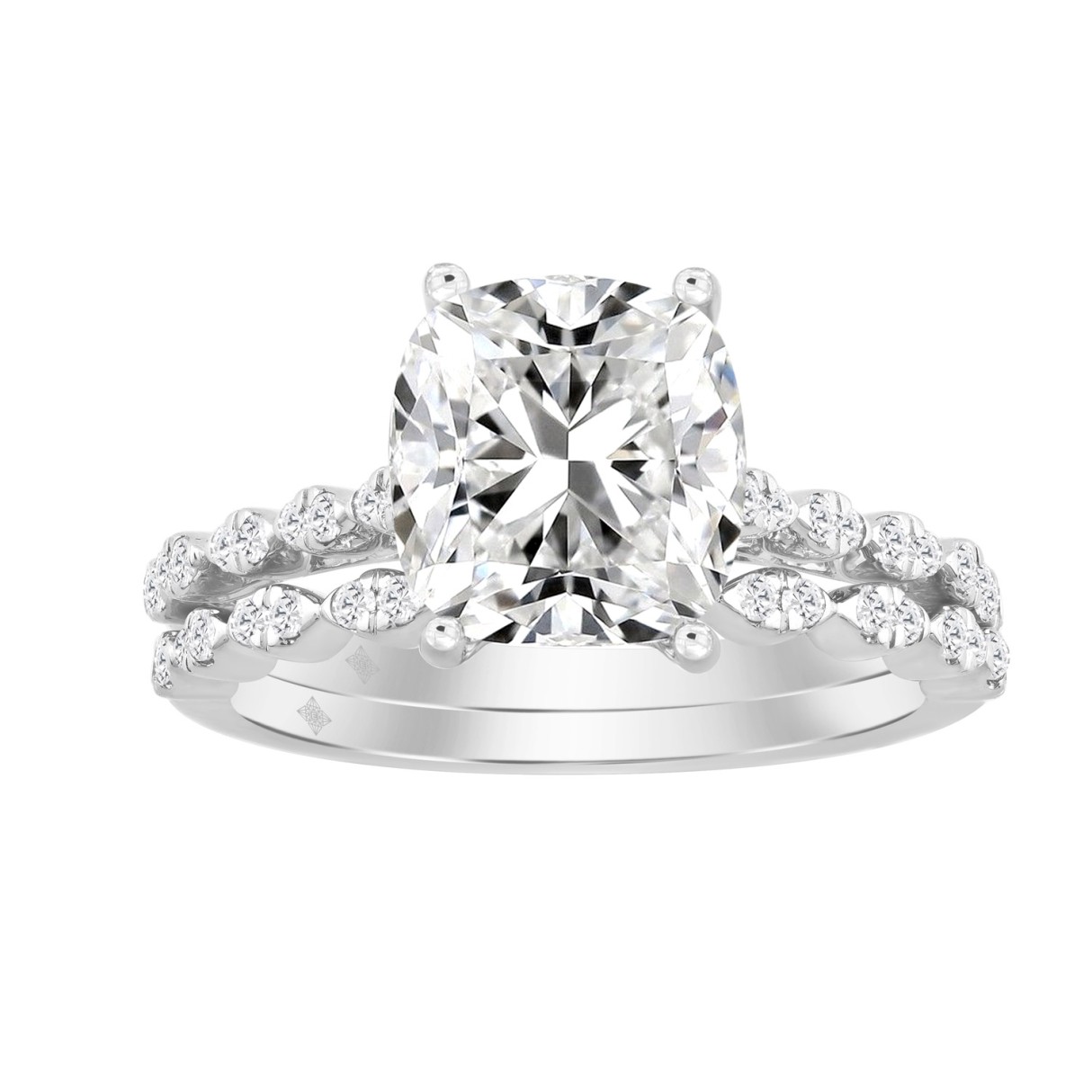 14K WHITE GOLD 3 1/3CT ROUND/CUSHION DIAMOND LADIES BRIDAL SET (CENTER STONE CUSHION DIAMOND 3.00CT)