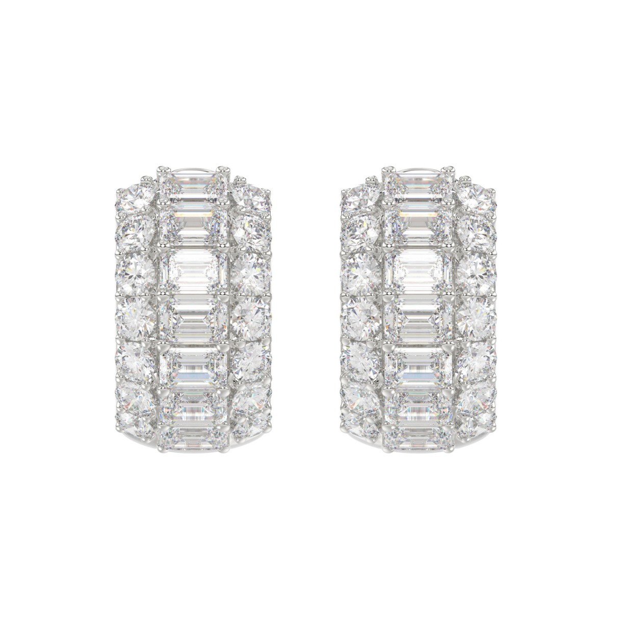 Elegant 14K White Gold 2 1/4CT Lab Grown Round & Emerald Cut Diamond Ladies Hoop Earrings