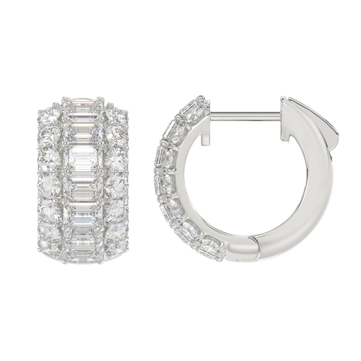 Elegant 14K White Gold 2 1/4CT Lab Grown Round & Emerald Cut Diamond Ladies Hoop Earrings