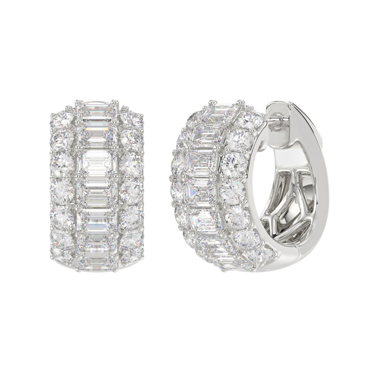 Elegant 14K White Gold 2 1/4CT Lab Grown Round & Emerald Cut Diamond Ladies Hoop Earrings