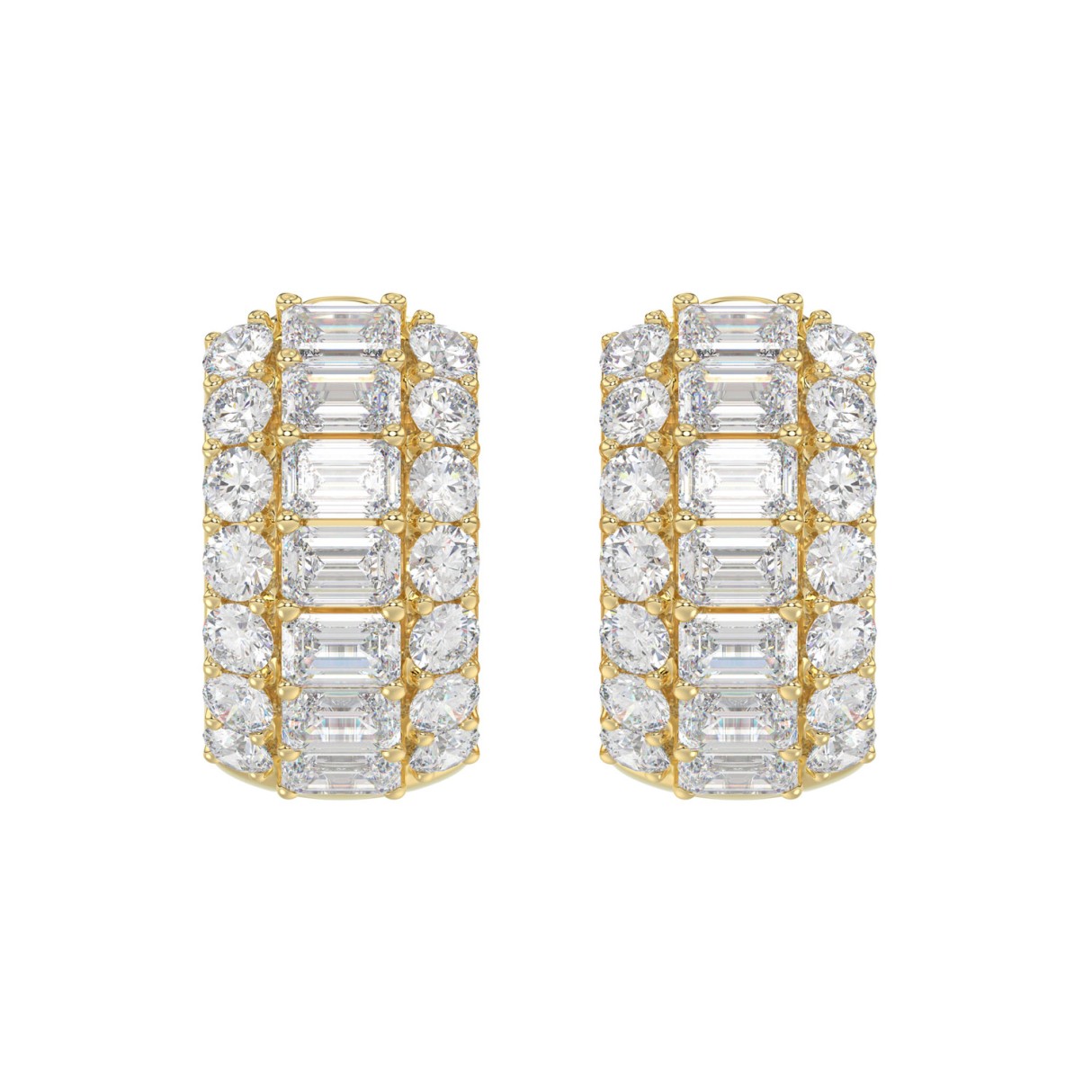 Elegant 14K Yellow  Gold 2 1/4CT Lab Grown Round & Emerald Cut Diamond Ladies Hoop Earrings
