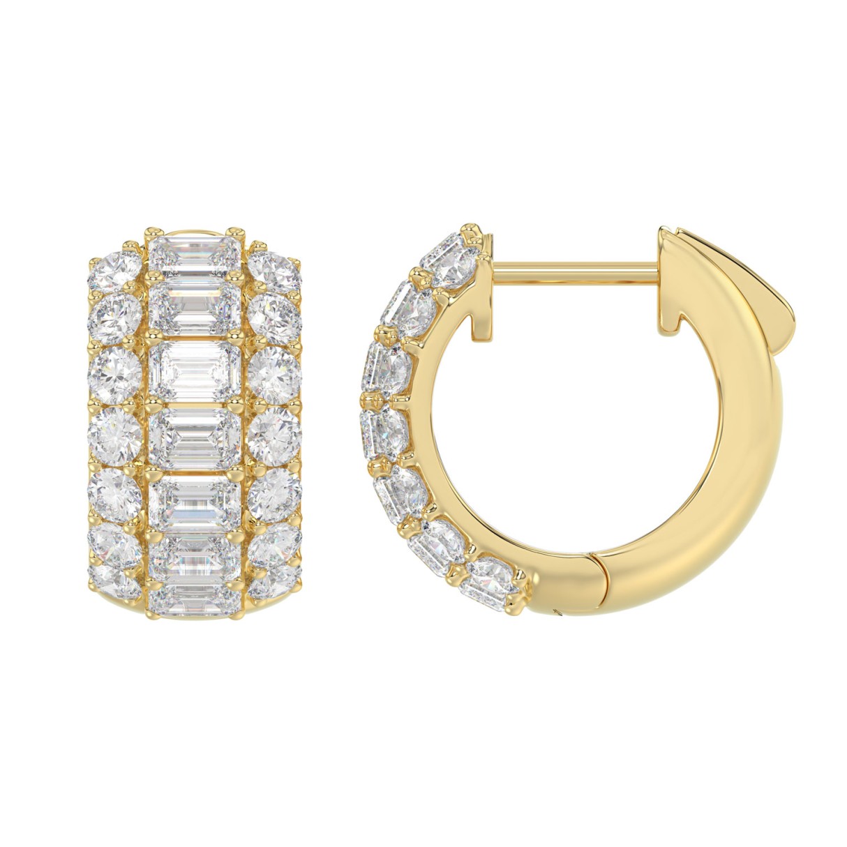 Elegant 14K Yellow  Gold 2 1/4CT Lab Grown Round & Emerald Cut Diamond Ladies Hoop Earrings