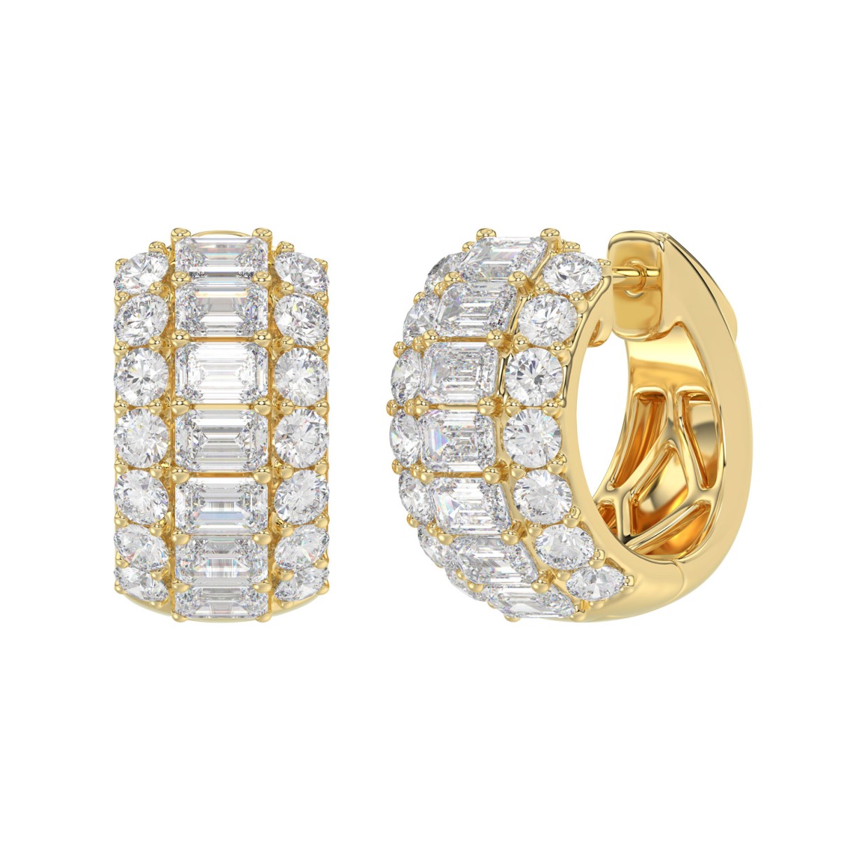 Elegant 14K Yellow  Gold 2 1/4CT Lab Grown Round & Emerald Cut Diamond Ladies Hoop Earrings