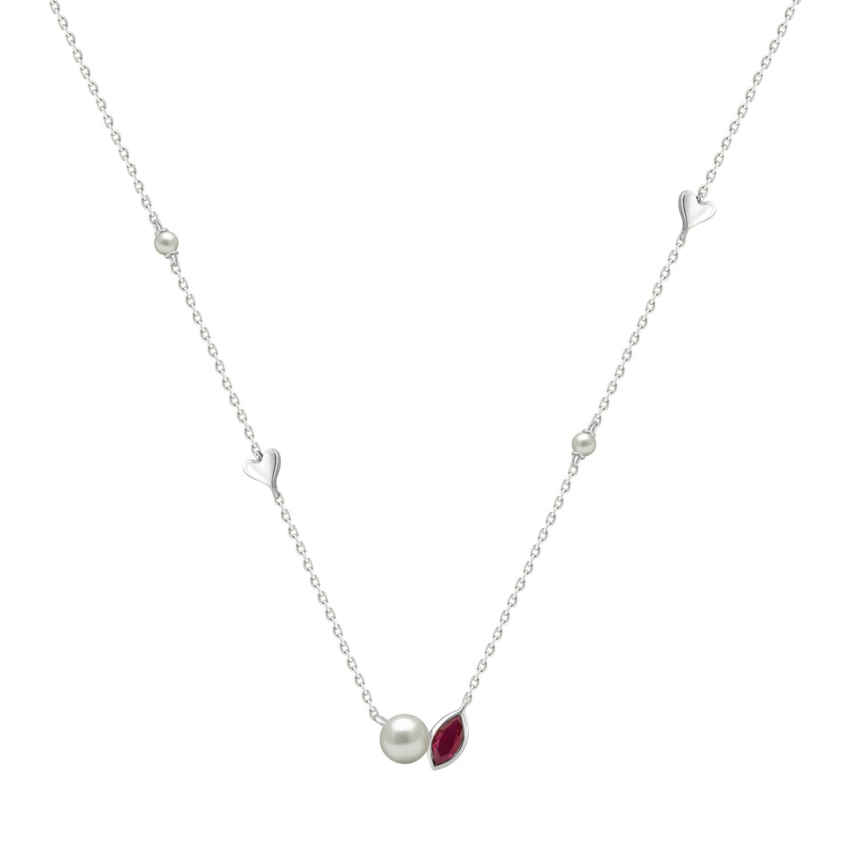 10K White Gold Ladies necklace 1/3CT featuring pearls, Round & heart-shaped charms, and Marquise  pearl-shaped ruby accent