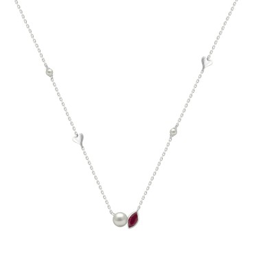 10K White Gold Ladies necklace 1/3CT featuring pearls, Round & heart-shaped charms, and Marquise  pearl-shaped ruby accent