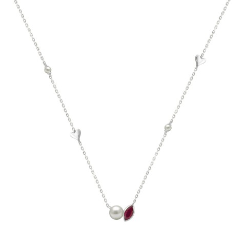 10K White Gold Ladies necklace 1/3CT featuring pearls, Round & heart-shaped charms, and Marquise  pearl-shaped ruby accent