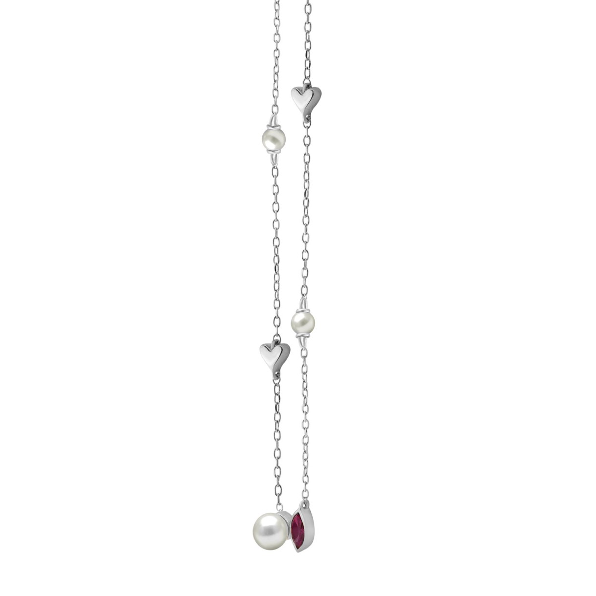 10K White Gold Ladies necklace 1/3CT featuring pearls, Round & heart-shaped charms, and Marquise  pearl-shaped ruby accent