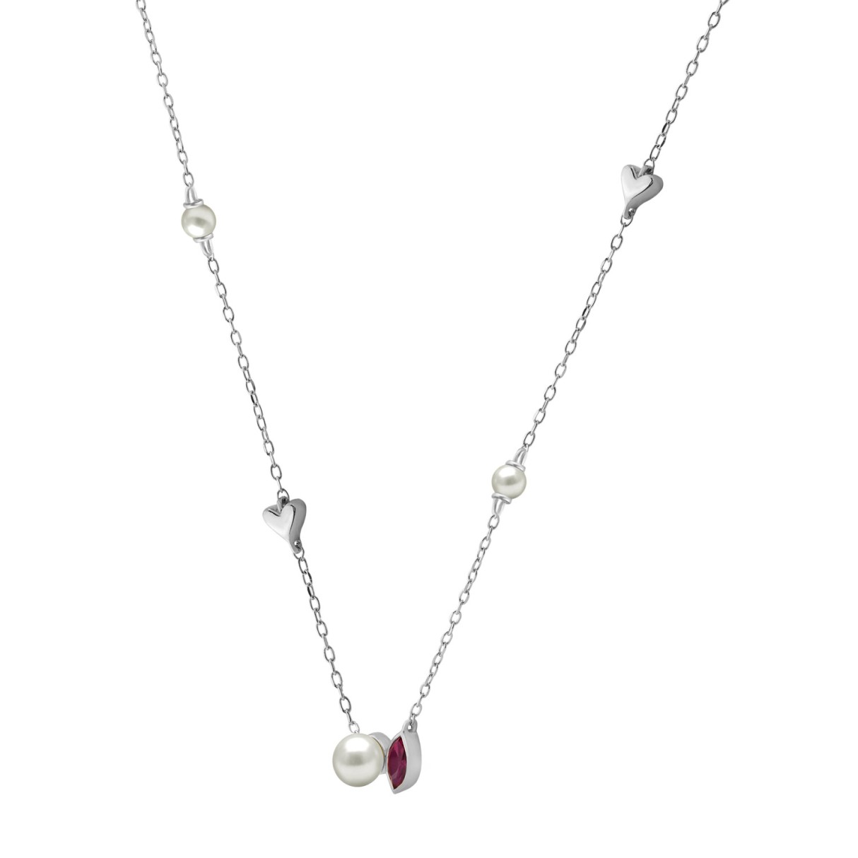 10K White Gold Ladies necklace 1/3CT featuring pearls, Round & heart-shaped charms, and Marquise  pearl-shaped ruby accent