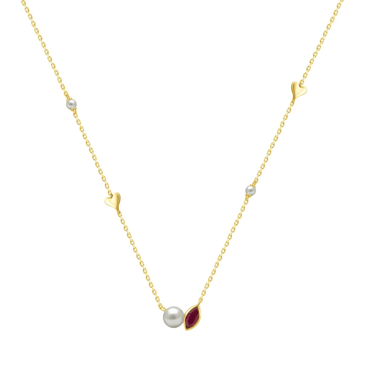 10K Yellow Gold Ladies necklace 1/3CT featuring pearls, Round & heart-shaped charms, and Marquise  pearl-shaped ruby accent