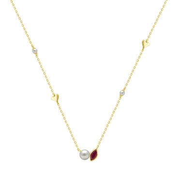 10K Yellow Gold Ladies necklace 1/3CT featuring pearls, Round & heart-shaped charms, and Marquise  pearl-shaped ruby accent