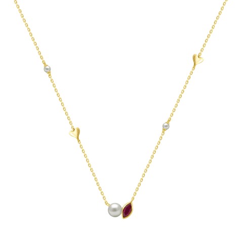 10K Yellow Gold Ladies necklace 1/3CT featuring pearls, Round & heart-shaped charms, and Marquise  pearl-shaped ruby accent