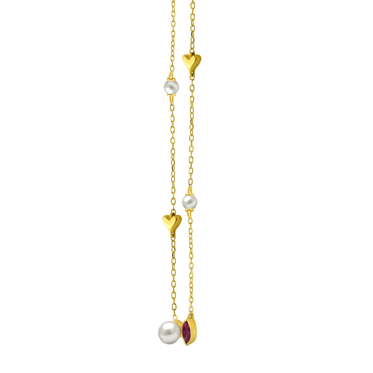 10K Yellow Gold Ladies necklace 1/3CT featuring pearls, Round & heart-shaped charms, and Marquise  pearl-shaped ruby accent