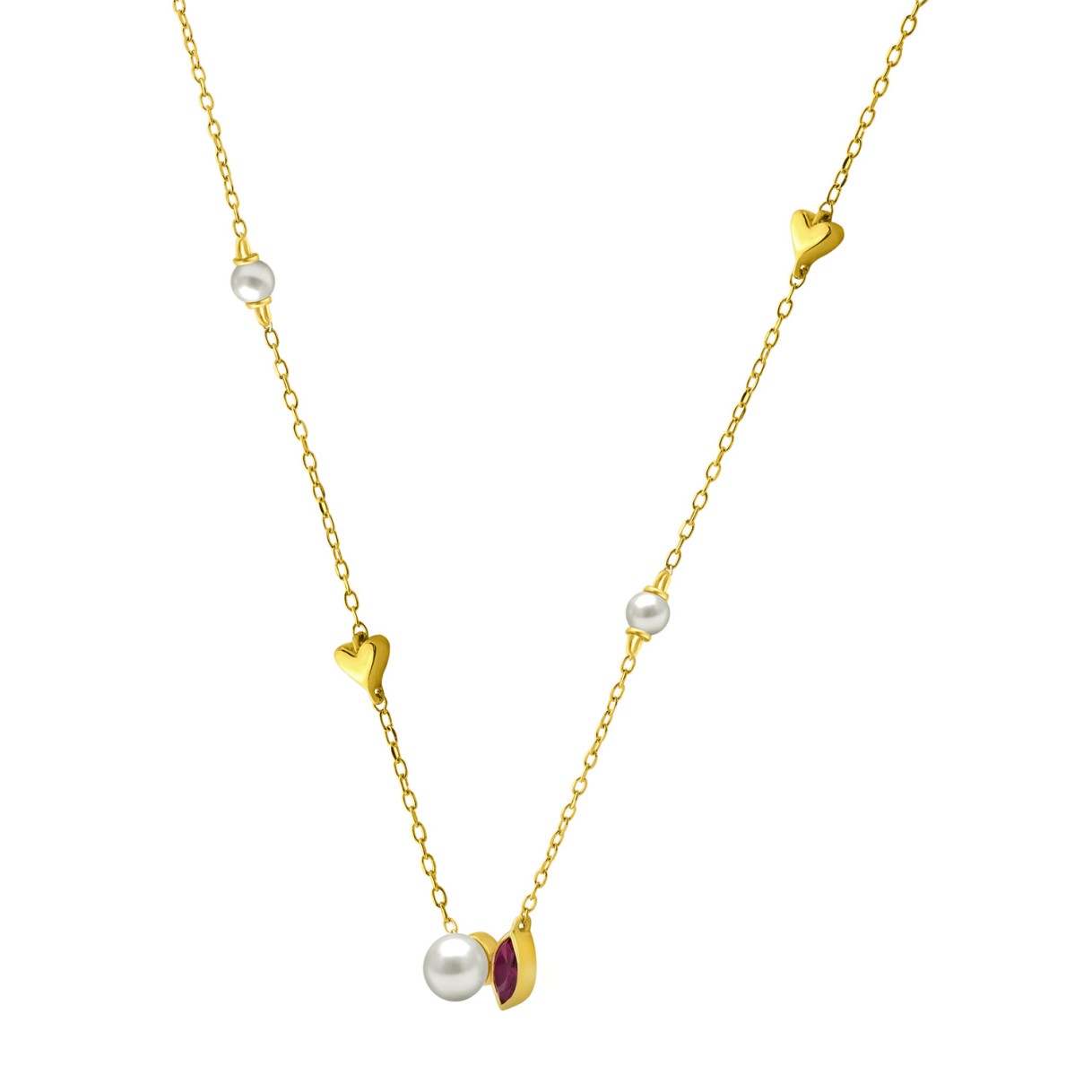 10K Yellow Gold Ladies necklace 1/3CT featuring pearls, Round & heart-shaped charms, and Marquise  pearl-shaped ruby accent