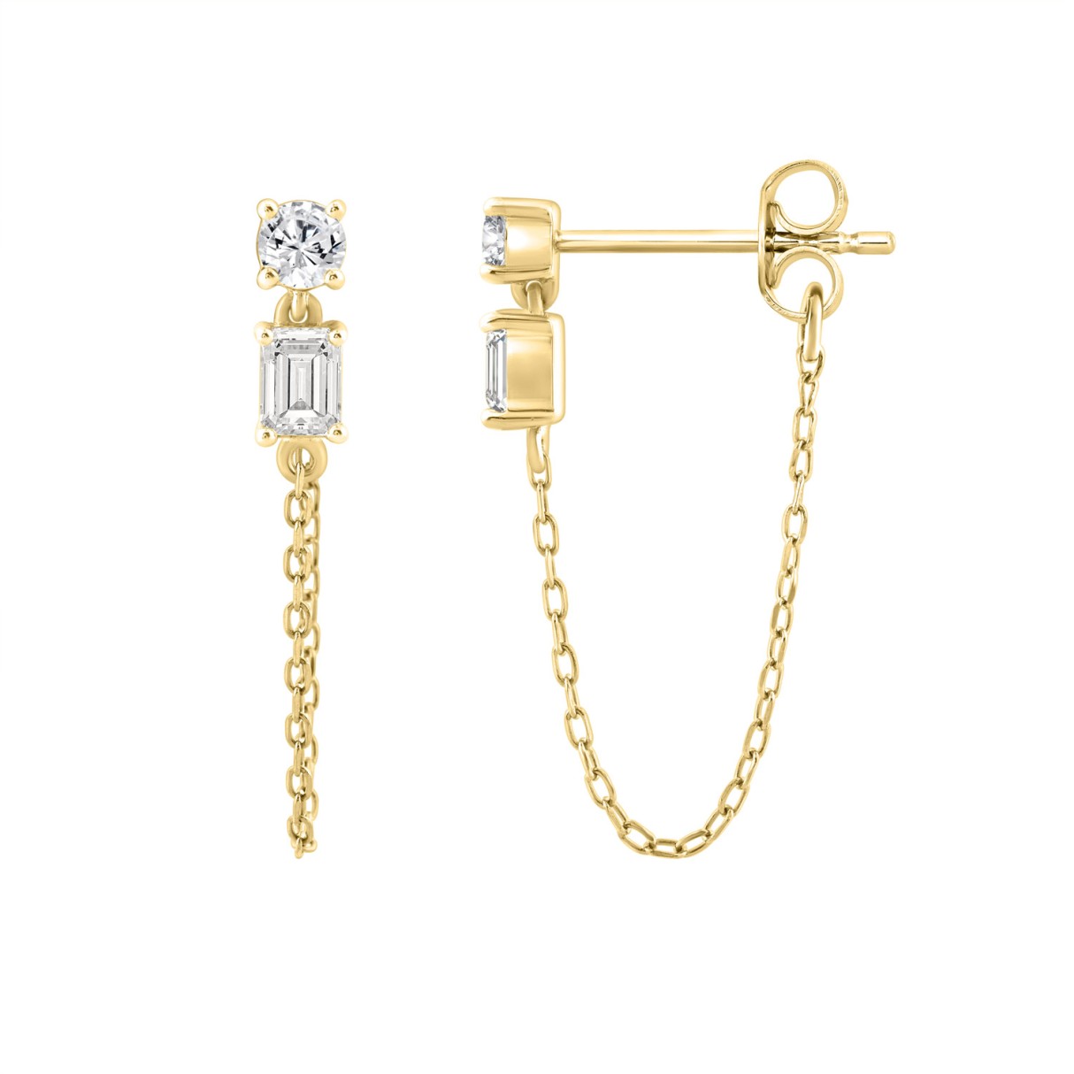 10K Yellow Gold 3/4CT Emerald/Round cut Diamond Elegant Ladies Earring (Color F-G -Clarity VS1/VS2)