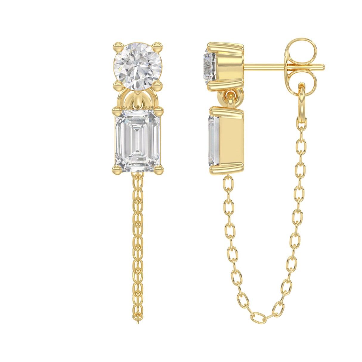 14K Yellow Gold 3/4Ct Lab Grown Round & Emerald Cut Diamond Fashion Earrings For Women