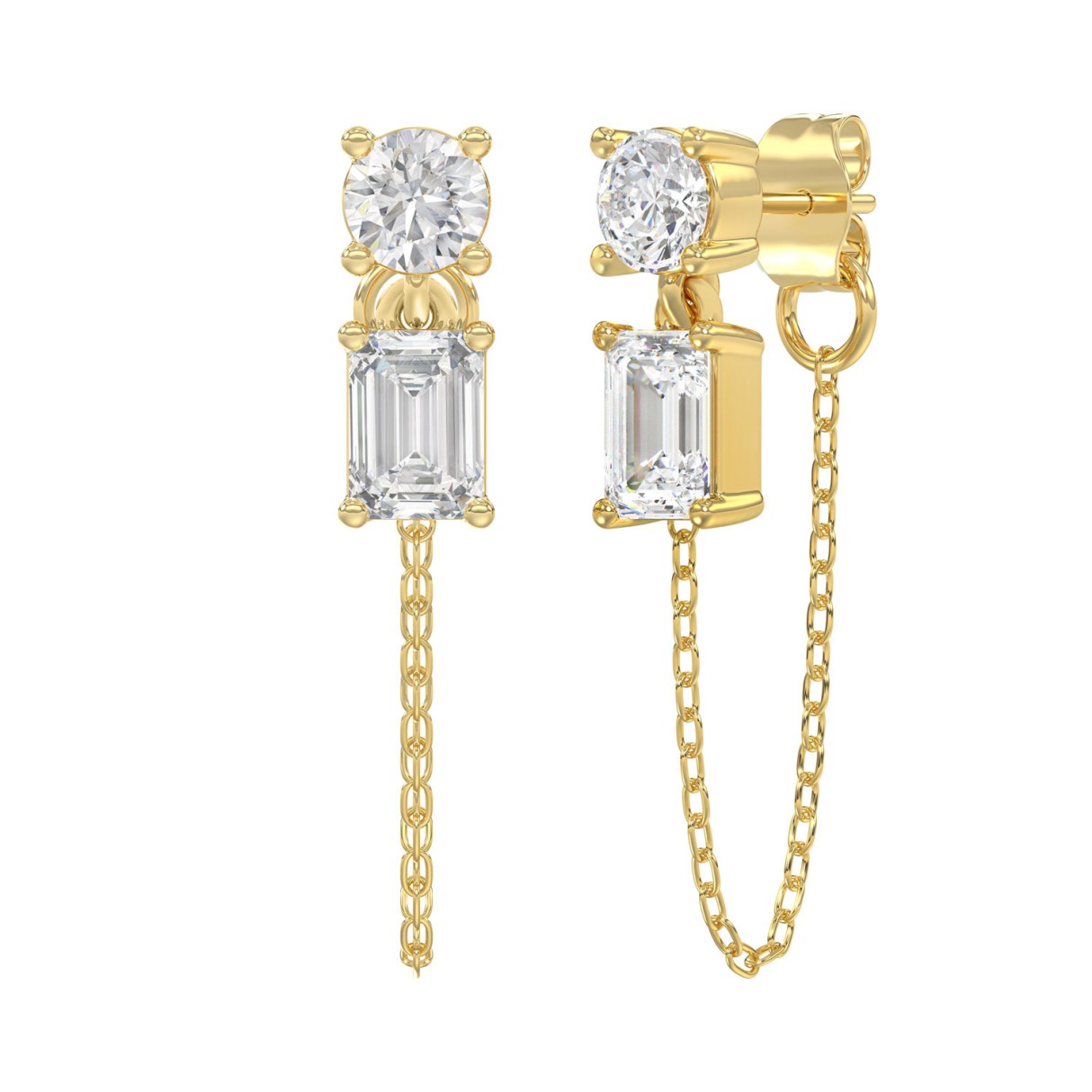 14K Yellow Gold 3/4Ct Lab Grown Round & Emerald Cut Diamond Fashion Earrings For Women