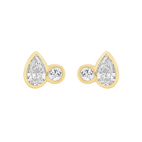 3/4CT Yellow Gold 10K Collection Linked Hearts Two-Stone Diamond Stud Ladies Earrings Round & Pear Cut Diamond (Color F-G -Clarity VS1/VS2)