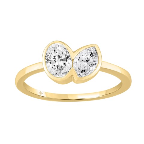 3/4CT Yellow Gold 10K Collection Linked Hearts & Two-Stone Oval & Marquise Diamond Ring for Women (Color F-G Clarity VS1/VS2)
