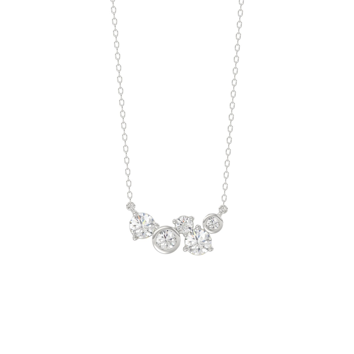 Ladies 10K White Gold Diamond Necklace 1/2Ct Round Diamond Cluster Bezel Set (Color F-G -Clarity Vs1/Vs2)