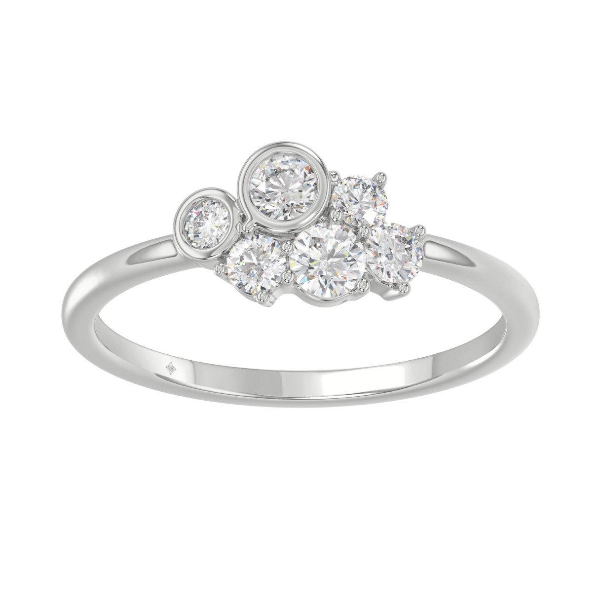 Ladies 10K White Gold Diamond Ring 1/2Ct Round Diamond Cluster Bezel Set (Color F-G -Clarity Vs1/Vs2)