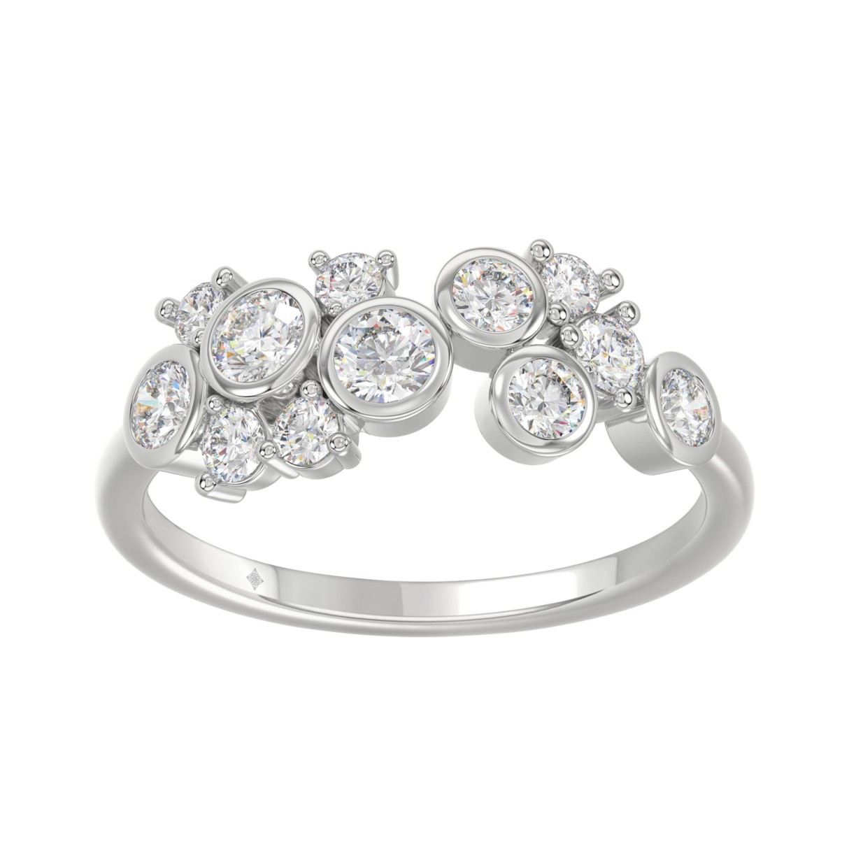 Ladies 10K White Gold Diamond Ring 3/4Ct Round Diamond Cluster Bezel Set (Color F-G -Clarity Vs1/Vs2)