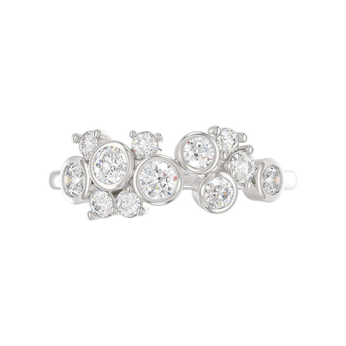 Ladies 10K White Gold Diamond Ring 3/4Ct Round Diamond Cluster Bezel Set (Color F-G -Clarity Vs1/Vs2)