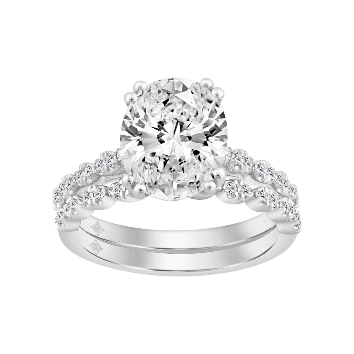 Ladies 14K White Gold Ladies Elegance- Bridal Set  3 1/3CT Round & Oval Diamonds 3.00CT Oval Center stone (Color F-G  Clarity VS1/VS2)