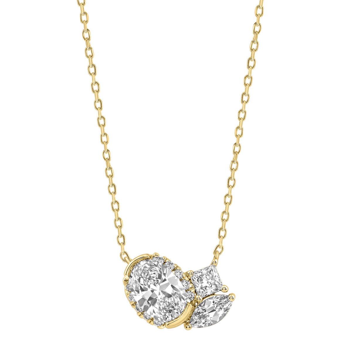 Elegant 14K Yellow Gold Three-Stone Diamond Necklace 3/4Ct With Oval, Marquise, Round And Princess Cut Diamonds