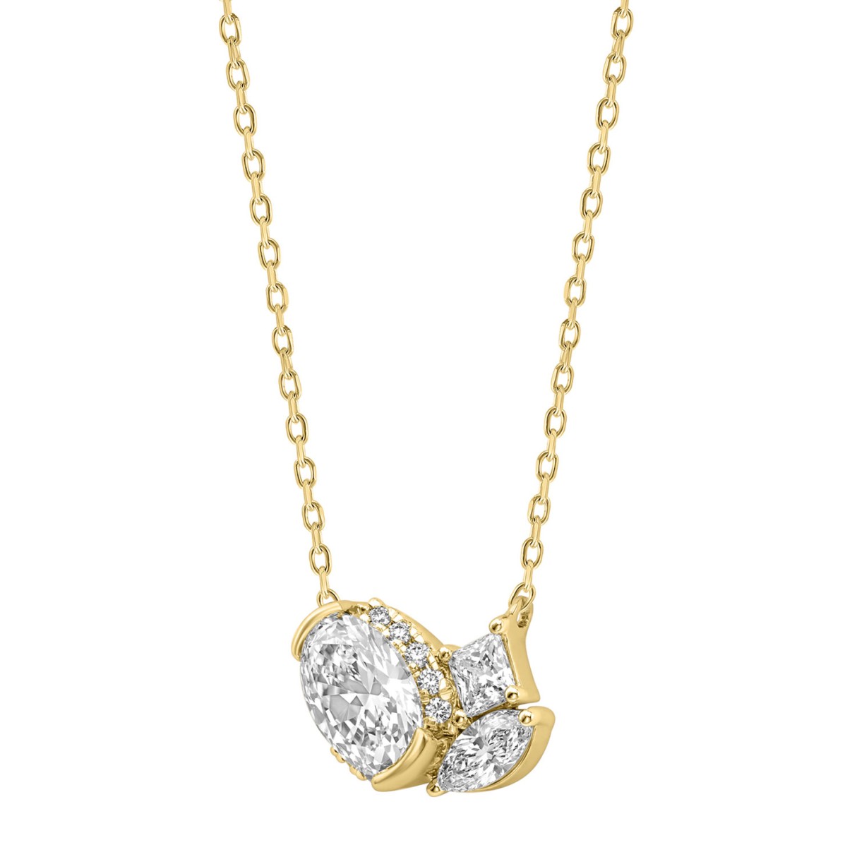 Elegant 14K Yellow Gold Three-Stone Diamond Necklace 3/4Ct With Oval, Marquise, Round And Princess Cut Diamonds