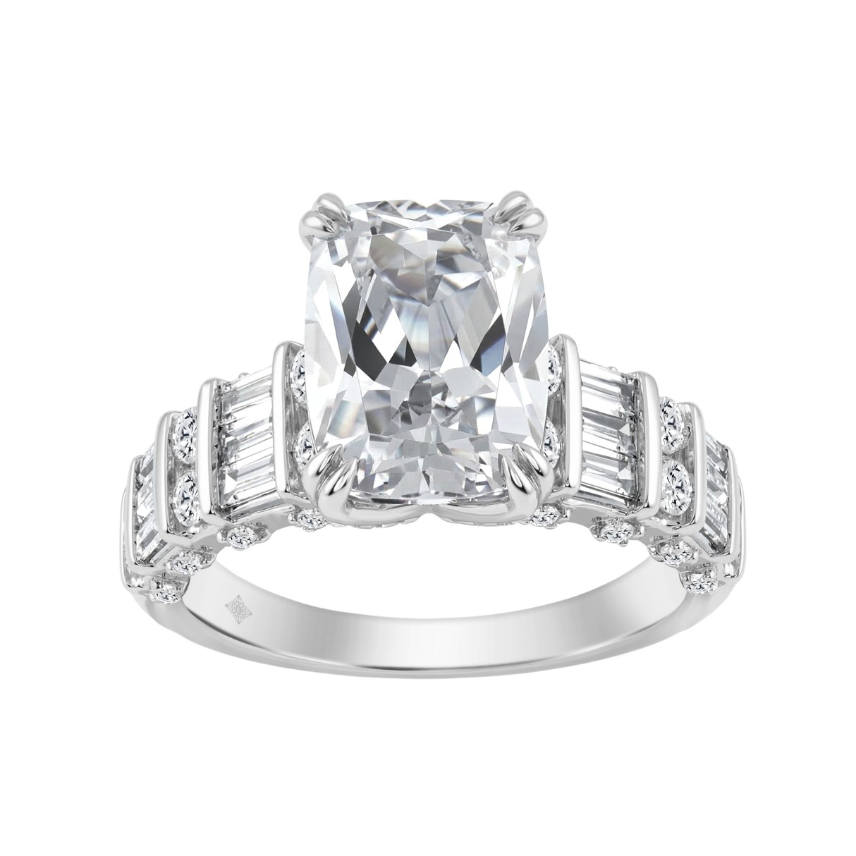 14K WHITE GOLD 5.00CT ROUND/CUSHION/BAGUETTE DIAMOND LADIES RING (CENTER STONE CUSHION DIAMOND 4CT