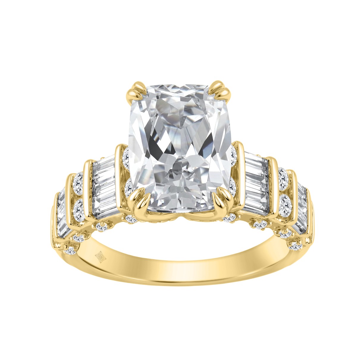 14K Yellow Gold Cushion Lab Grown Diamond Engagement Ring 5.00Ct With 4.00Ct Cushion Center Stone & Round/Baguette Side Stones (Color F-G Clarity Vs1/Vs2)