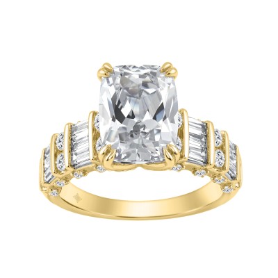 14K Yellow Gold Cushion Lab Grown Diamond Engagement Ring 5.00Ct With 4.00Ct Cushion Center Stone & Round/Baguette Side Stones (Color F-G Clarity Vs1/Vs2)