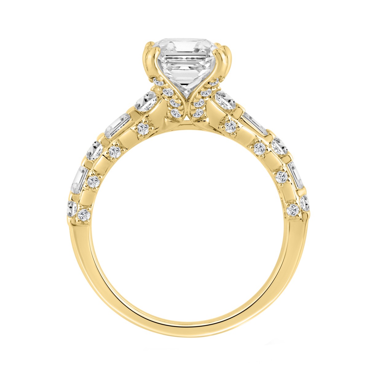 14K Yellow Gold Cushion Lab Grown Diamond Engagement Ring 5.00Ct With 4.00Ct Cushion Center Stone & Round/Baguette Side Stones (Color F-G Clarity Vs1/Vs2)