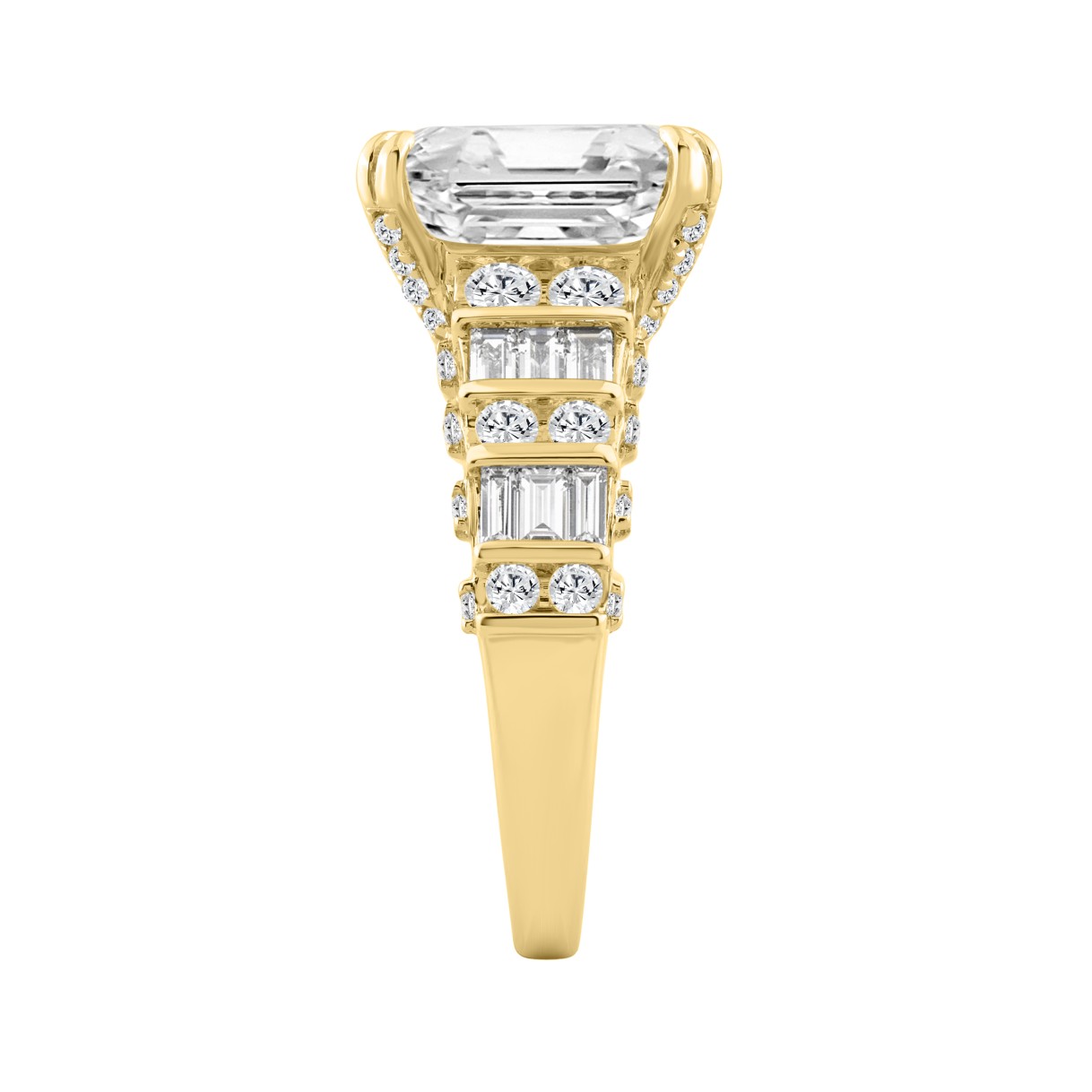 14K Yellow Gold Cushion Lab Grown Diamond Engagement Ring 5.00Ct With 4.00Ct Cushion Center Stone & Round/Baguette Side Stones (Color F-G Clarity Vs1/Vs2)